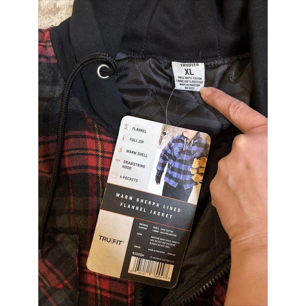 Tru-Fit Hooded Zip Front Jacket Coat Shacket Flannel Shirt Red Gray Plaid XL NWT - Picture 4 of 5